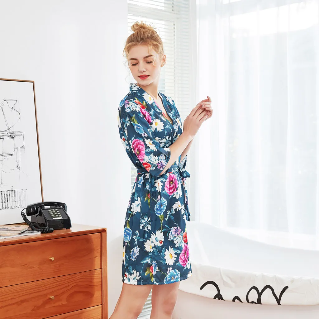 

women sexy nightwear dress Women's sexy satin ladies print Nightgown short-sleeved nightdress sleepwear women sexy