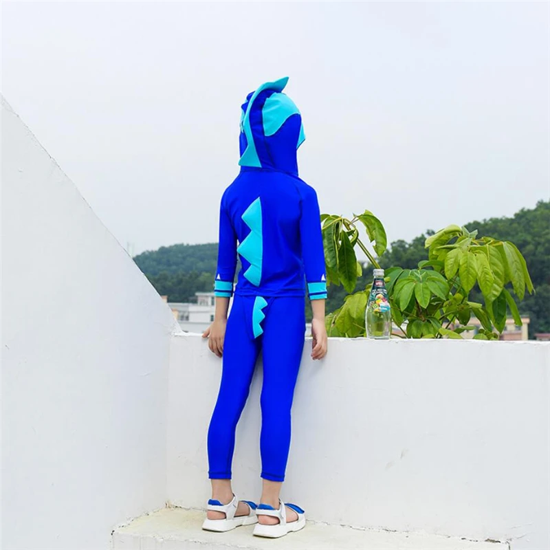 Дети rashguard мальчики девочки Рашгард Длинные рукава комплект из двух предметов купальник с капюшоном в полоску на молнии спереди женский купальник для серфинга синий