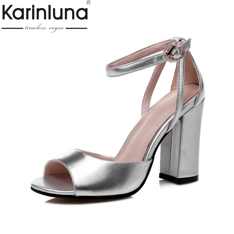

KARINLUNA Small Large Size 31-45 Genuine Leather Women Shoes Sexy Silver High Heels Party Wedding Sandals Lady Footwear