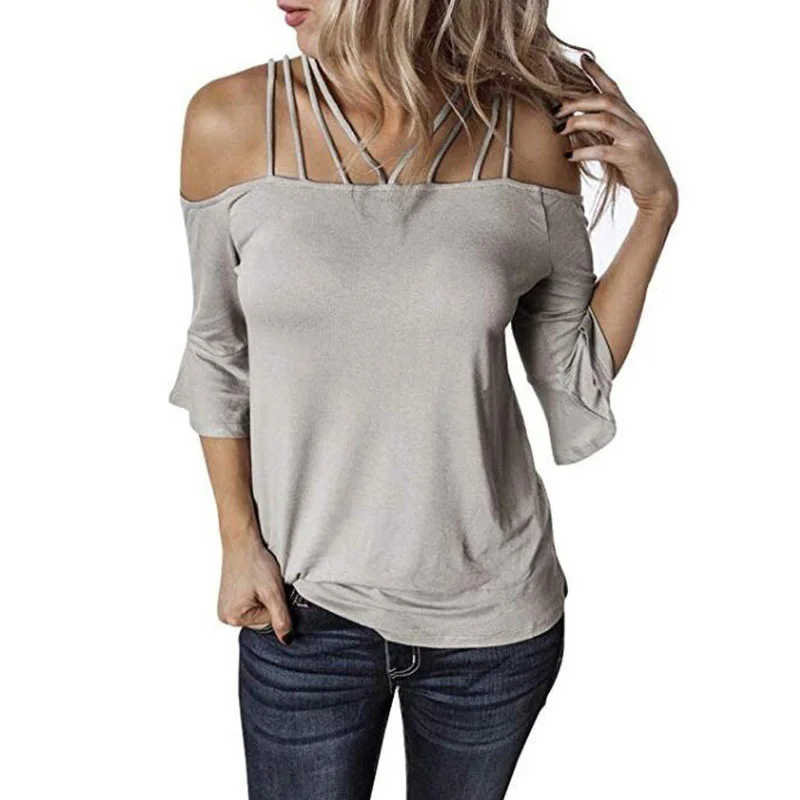 

2019 T-shirt Women Skew Neck Cross Bandage Solid Tops Blusa Femme Off Shoulder Summer T Shirt Hollow Plus Size SJ2548V
