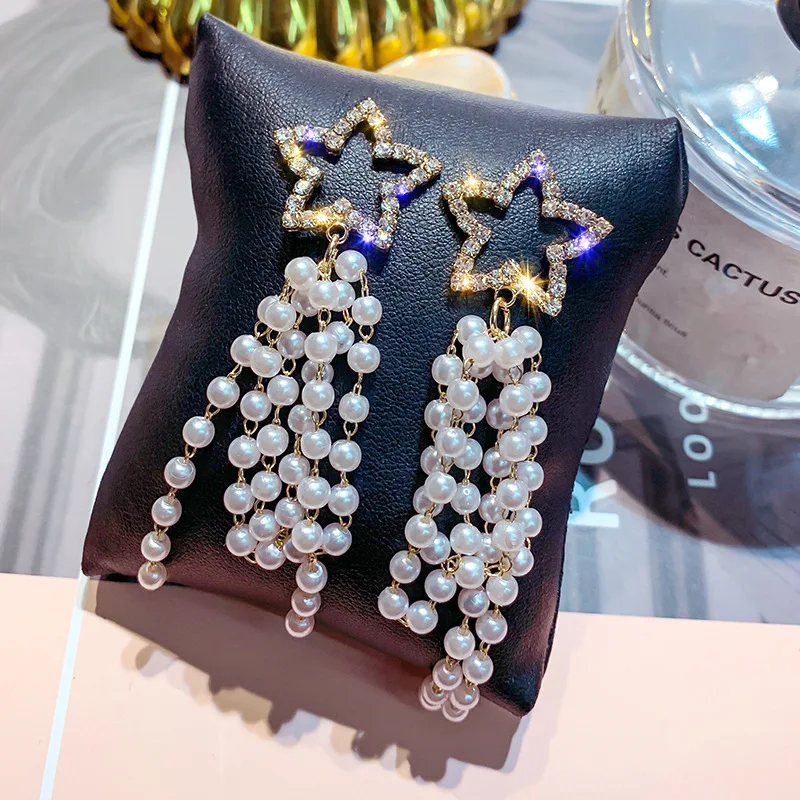Блестящая сторона новые женские модные брендовые ювелирные изделия кристаллическая звезда серьги-гвоздики для женщин подарок элегантные жемчужные серьги с кисточками