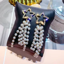 Блестящая сторона новые женские модные брендовые ювелирные изделия кристаллическая звезда серьги-гвоздики для женщин подарок элегантные жемчужные серьги с кисточками