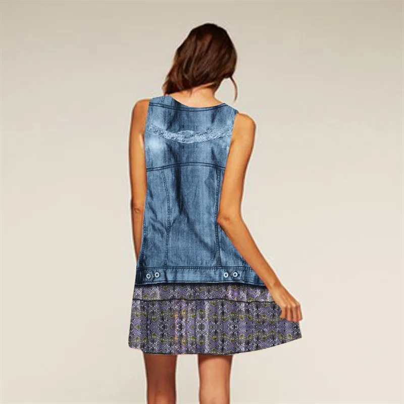 Womens Summer Dress 2018 Vintage Jeans Print Round Neck Mini Dresses Feminine vestidos Dropship
