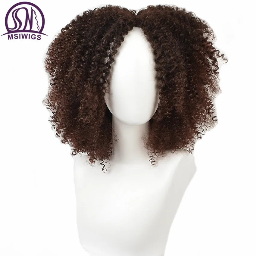 Perucas para as Mulheres Parte do Meio Msiwigs Marrom Sintético Kinkly Encaracolado 4 Cores Ombre Loira Curto Afro Peruca Americano Preto Cabelo