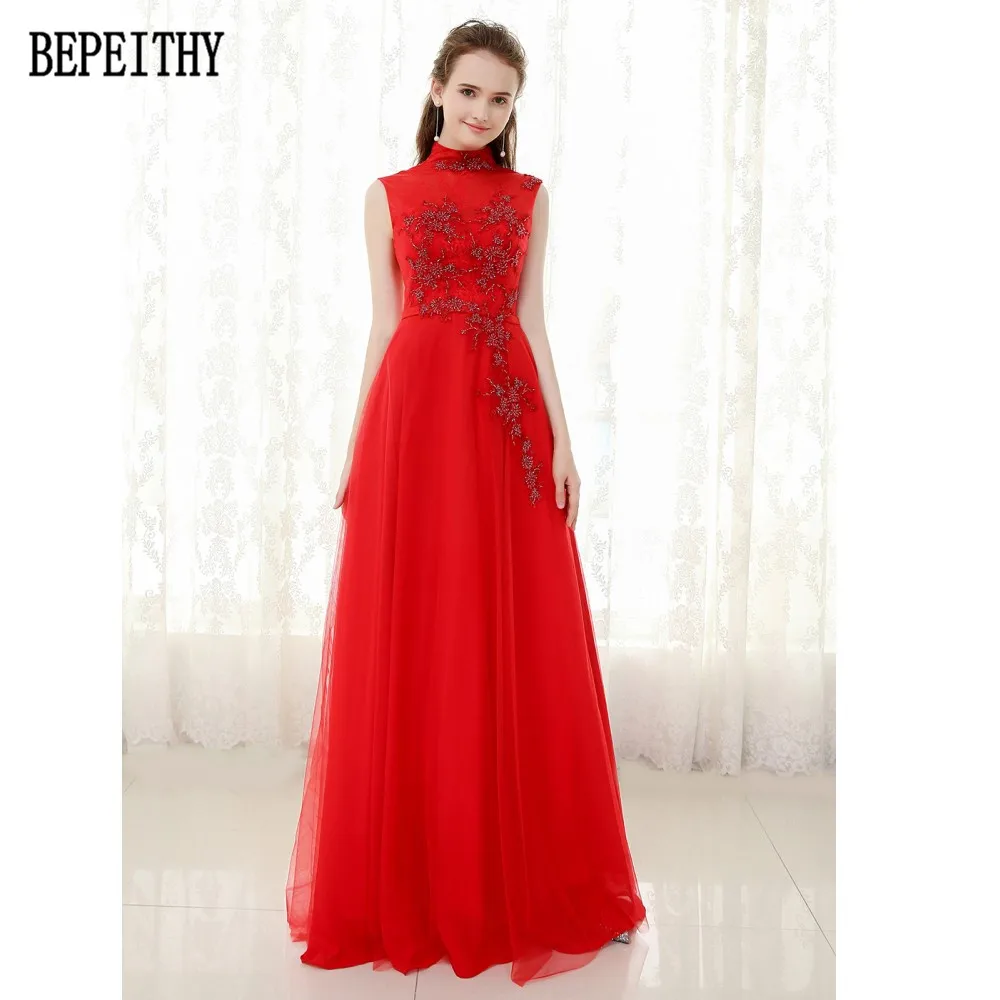 30  BEPEITHY Vestido De Festa High Neck New Design Beads Prom Dress Beads A-Line Red Long Evening Dresses 2017 (3)