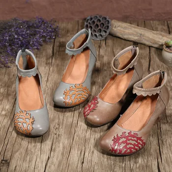 

Original Fashion Women High Heel Shoes Pumps 5.8cm Handmade Genuine Leather Female Round Toe Zippers Thick Heel Casual Shoes