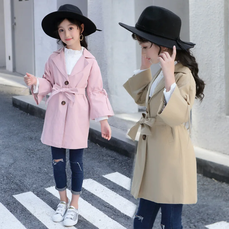 

Children's Wear Girls Spring and Autumn Lapel Coat Big New Fashion Long Style Pure Color Single Breasted Windbreaker Cute 5-14Y