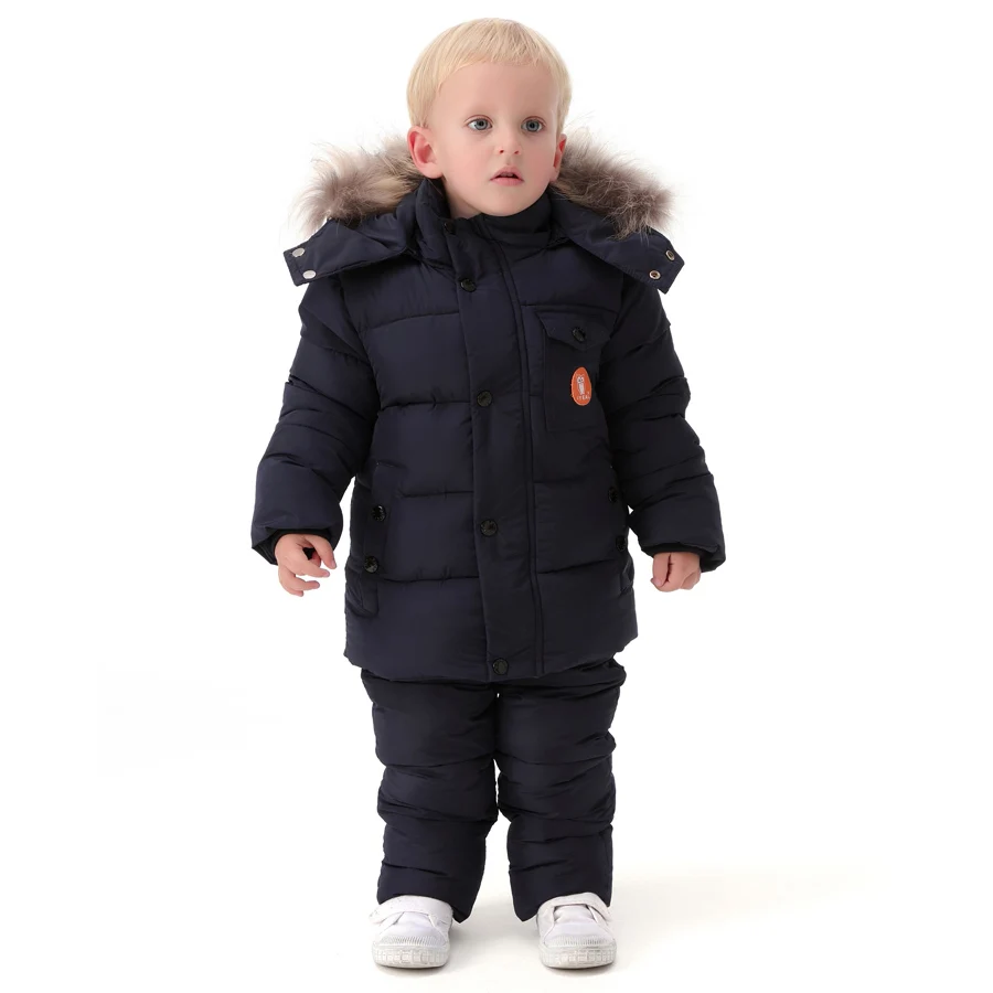 IYEAL комплект детской одежды для русской зимы для маленьких мальчиков, хлопковое пуховое пальто+ комбинезон, ветрозащитный лыжный костюм одежда для малышей - Цвет: Navy Blue
