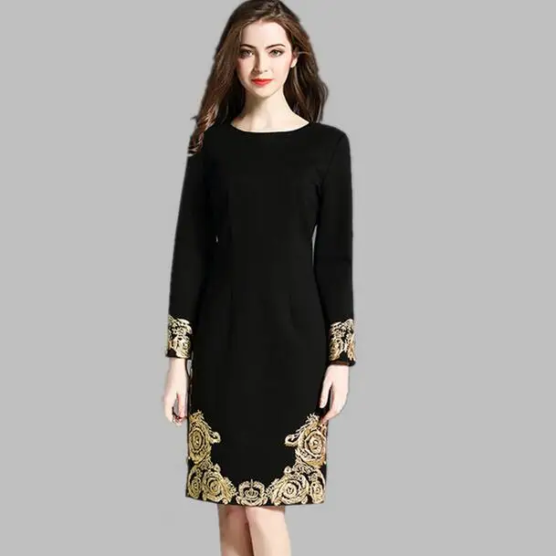 

2018 High Quality Spring Plus Size Black Dress Women Runway Gold Embroidery Long Sleeve Elegant Midi Party Dress Vestidos DF401