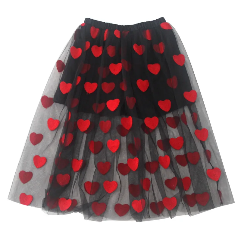Длинная юбка-пачка с вышивкой в виде сердца для девочек-подростков, Летние черные фатиновые юбки для девочек, юбки для танца живота, детская одежда