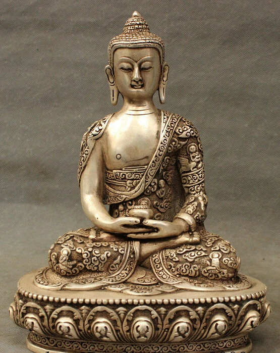 

9" Tibet Silver Buddhism Temple Shakyamuni Robe Sakyamuni Buddha Bowl Statue