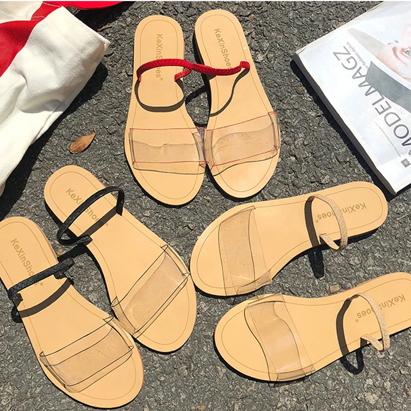 

Brand Summer Women Retro Shoes Brand Transparent Low Heel Sandals Girls Beach Open Toed Flip Flop Designer Casual Vacation Flat