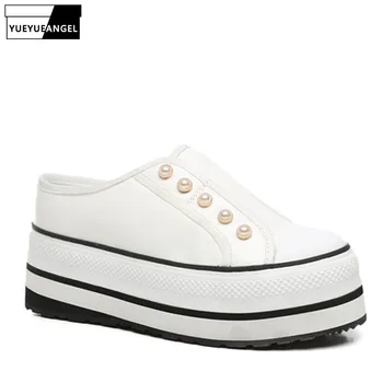

100% Genuine Leather Women Thick Sole Platform Shoes Summer Wedge Slippers Luxury Pearl Snake Print White Shoes Female 2019