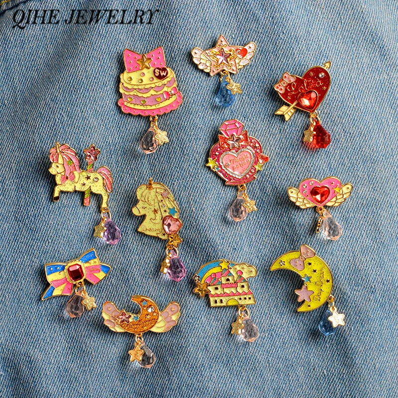 

QIHE JEWELRY 11pcs/set Bow Castle Moon Love Heart Shaped Pins Brooches With Beads Pink Jewelry For Girl Gift