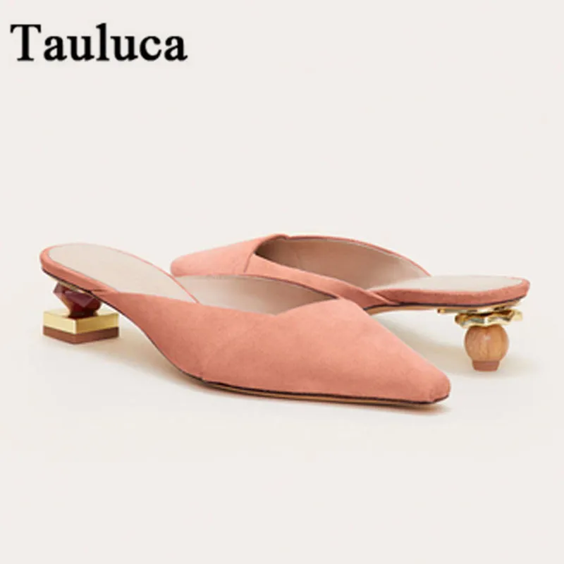 

2019 Spring and Summer Women Suede Half Slippers New Shaped With A Retro Asymmetrical Shallow Mouth Pointed Toe Slippers Female