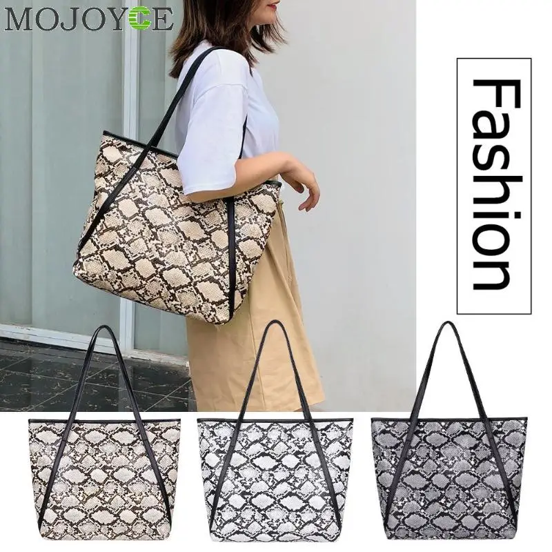 Ladies Fashion Female Big Snake Print Shoulder Handbags Women Large Capacity Top-handle Bags Casual Shopping PU Leather Totes