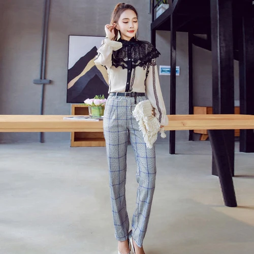 

Korean New Spring Chic Chiffon Lace Full Sleeve 2 Pcs Set Casual Brief Patchwork Plaid Single Breasted Suit Women