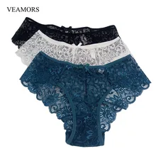 VEAMORS Women’s Sexy Full Lace Panties ,3PCS 5 Colors Fashion High Quality Transparent Floral Bow Soft Briefs Sexy Lingerie S-XL