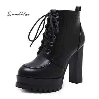 

Rumbidzo 2018 Brand Cross-tied Women Boots Platform Round Toe High Heeled Boots Lace Up Woman Winter Bootie Black Botas