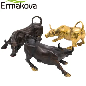 

ERMAKOVA 11.5CM(4.5") Brass Wall Street Bull Ox Figurine Charging Stock Market Bull Statue Feng Shui Sculpture Home Office Decor