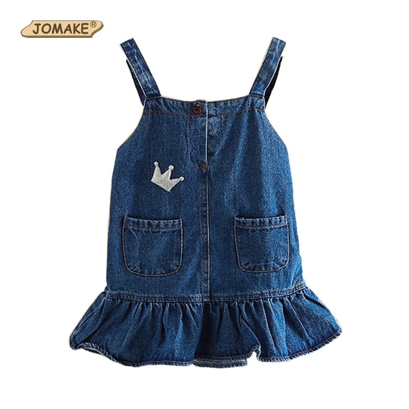 

JOMAKE Girls Dress 2018 New Autumn Brand Baby Girl Clothes Cute Crown Appliques Ruffles Kids Denim Strap Dresses Children Dress