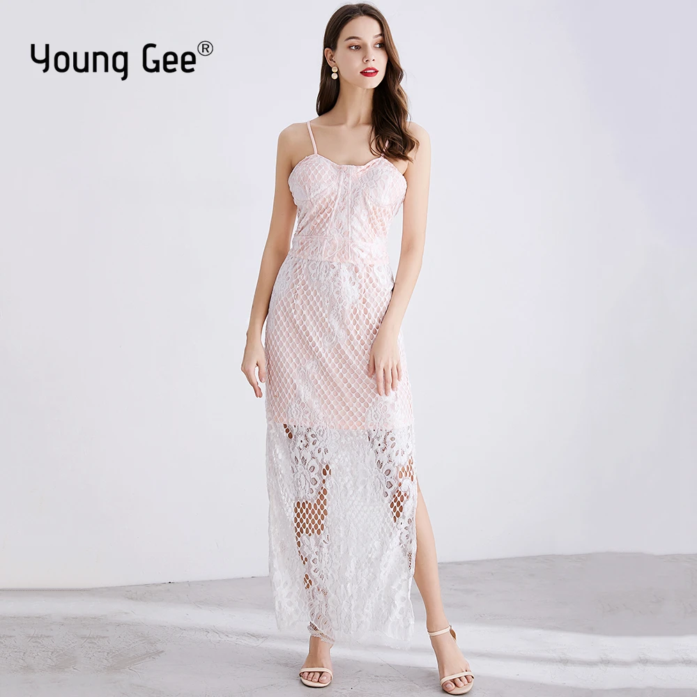 

Young Gee Sexy Spaghetti Strap Backless Summer Hollow Out Lace Floral Maxi Dress Women Elegant Bodycon Party Dresses Vestidos