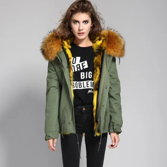 Cheap Winter Women's Large raccoon fur collar parkas Real rabbit Fur liner Hooded Jacket Warm coat outwear