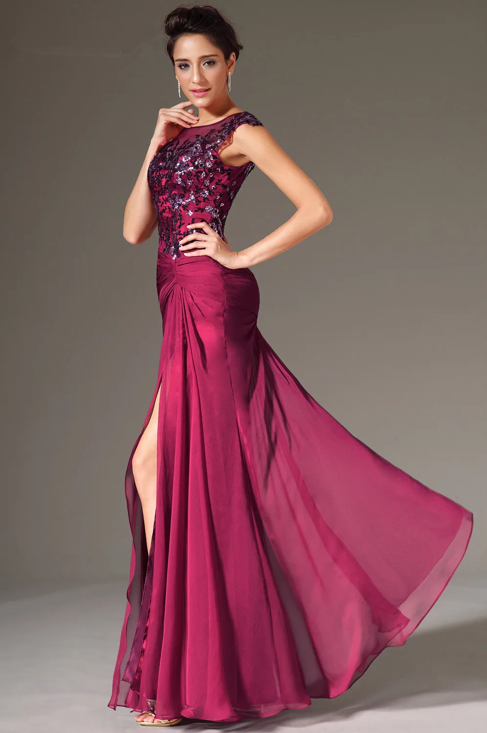 Free-Shipping-O-Neck-Cap-Sleeves-Front-Slit-Burgundy-Evening-Dresses (1)