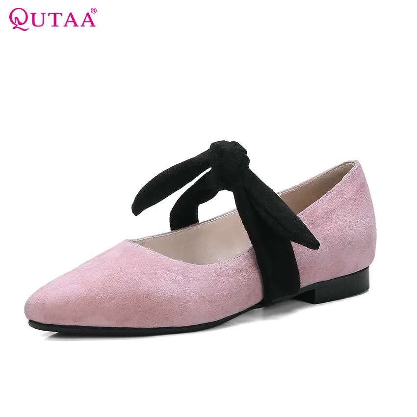 

QUTAA 2018 Women Pumps Sheepskin + Flock Fashion Square Low Heel Pointed Toe Butterfly-knot Sweet Style Women Pumps Szie 34-43