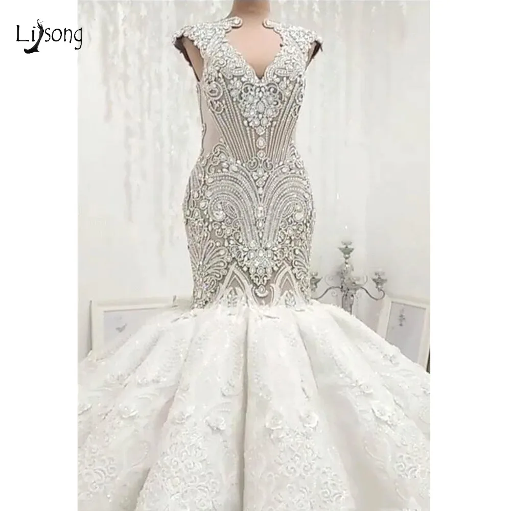 Роскошные сверкающие Кристальные Свадебные платья русалки сексуальные кружевные 3D Цветы из бисера Дубай Свадебные платья сексуального размера плюс прозрачные сзади
