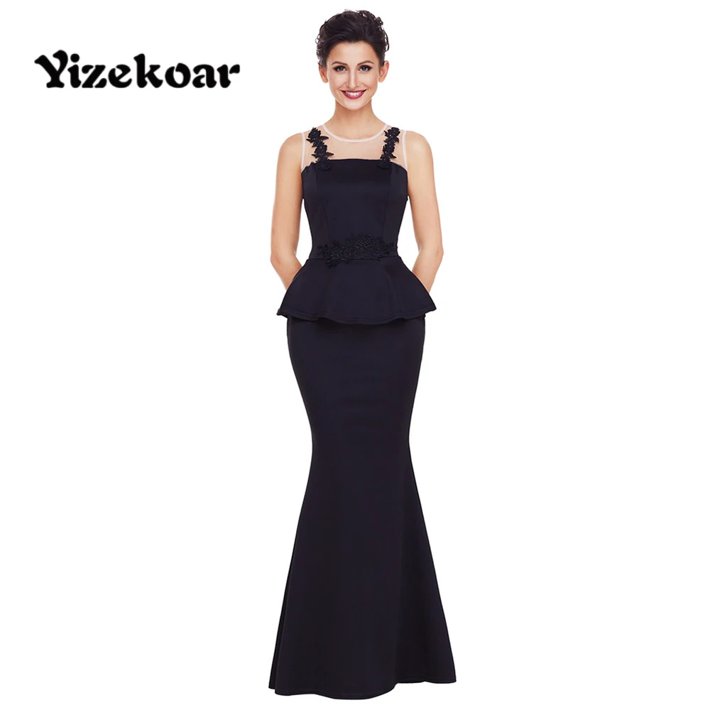 Yizekoar 2018 новые элегантные длинные макси платье черный тонкий Floral Applique Mesh Вставить