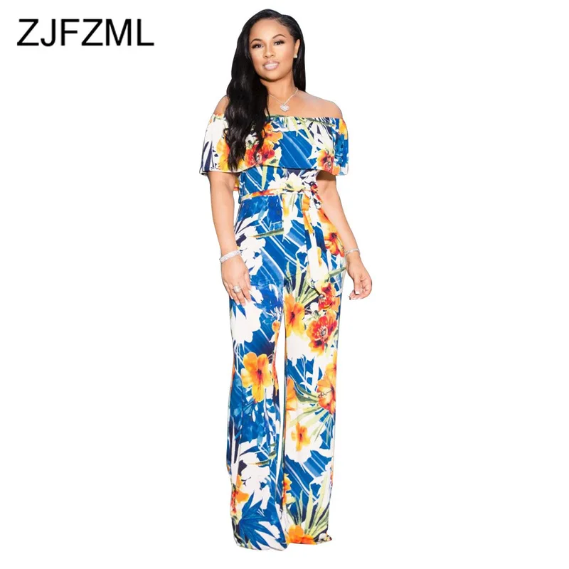 الأزهار طباعة جمبسوت/ بدلة الجسم المثيرة للنساء 2019 مائل الرقبة قصيرة الأكمام واسعة الساق ارتداءها الصيف قبالة الكتف عارية الذراعين شاطئ الس...