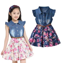 

Summer Dresses For Girls Cotton Children Clothing Denim Baby Clothes Floral Short Sleeve Kids Clothes For Girls Princess Dress