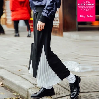 

2018 spring brand new women's casual pants black pleated patchwork wild Ankle-length wide leg pants L151 free shipping