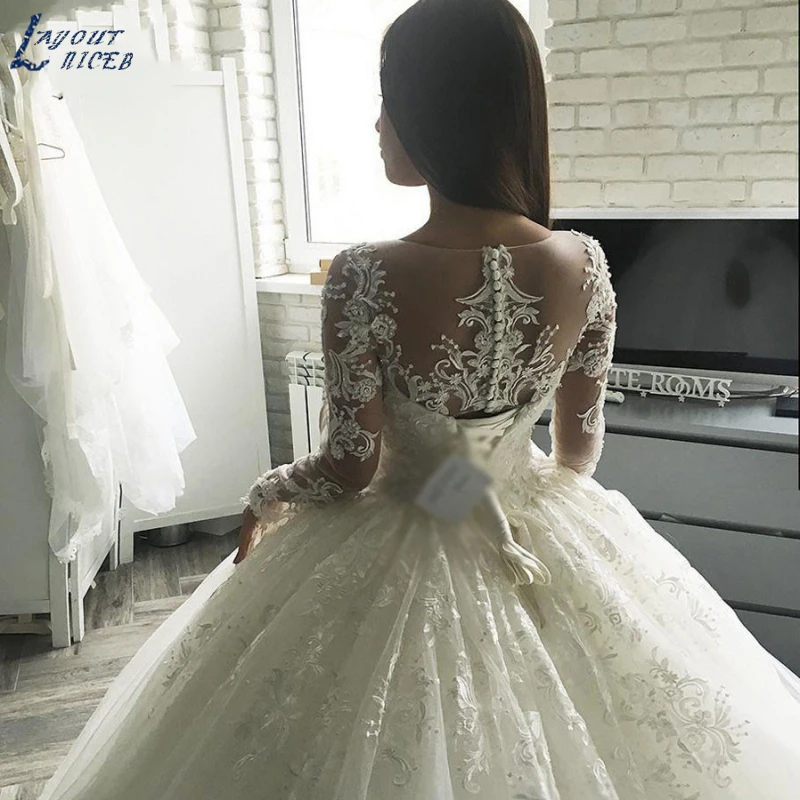 LAYOUT NICEB Gorgesous Wedding Dresses Long Sleeves Ball Gown Lace Applique Luxury Bridal Women Vestido De Noiva Robe Mariee