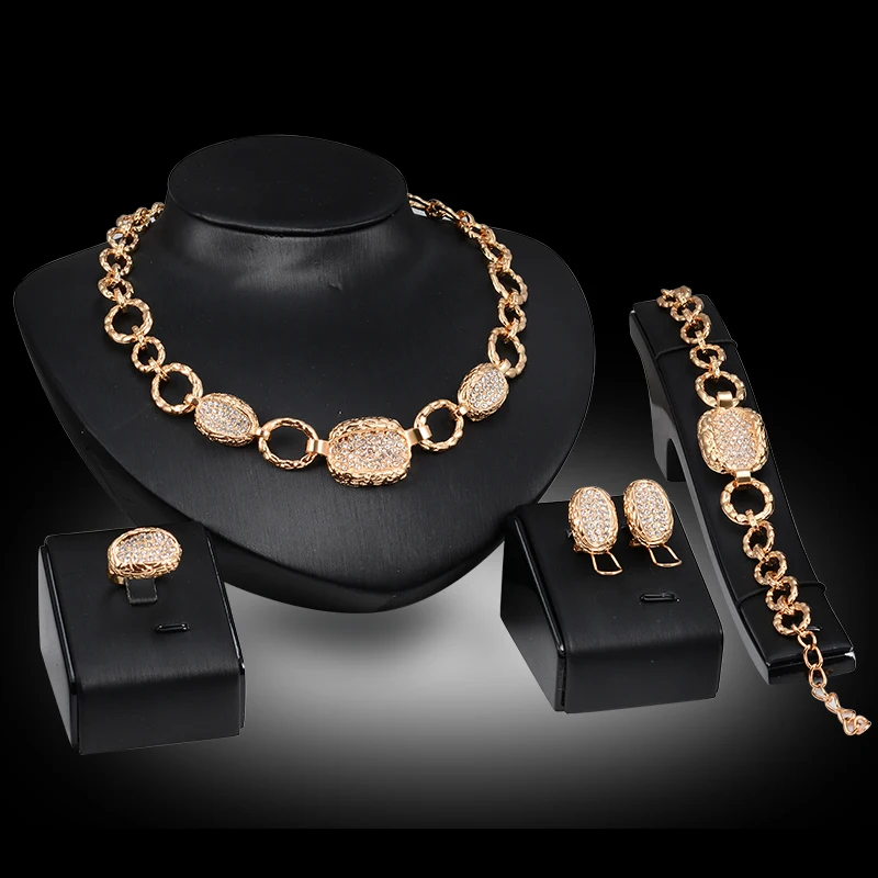 Women Gold color Multi Layer Necklaces Wedding Jewelry Sets Crystal