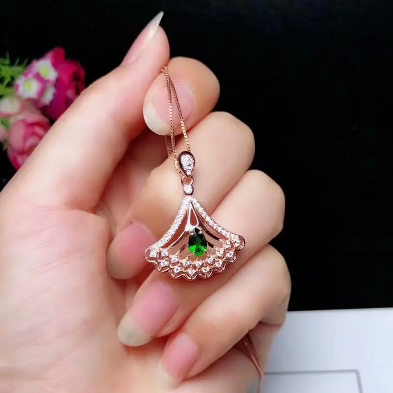 Mode ventilateur Floral réceptacle naturel vert diopside pendentif collier S925 argent naturel pier