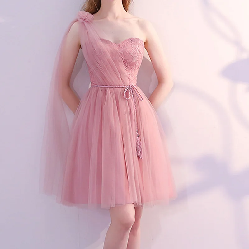 

Summer Prom Ball Gown Dress for Women Formal Lace Party Dress Elegant Plus Size One Shoulder Pink Tulle Bridesmaid Short Dresses