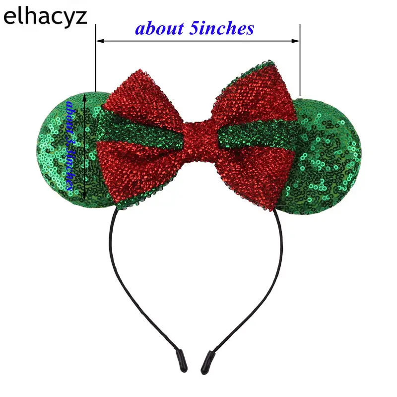 1 шт.,, Рождественская повязка на голову для девочек, праздничные вечерние, в полоску, с бантом, красные/зеленые блестящие уши Минни Маус, повязка для волос, Детские аксессуары для волос