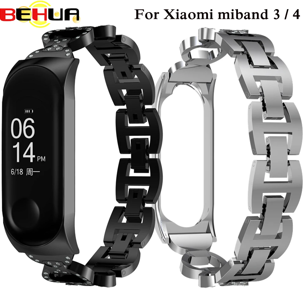 BEHUA Luxury Smart Watch Wristbands For Xiaomi Miband Mi Band 3 /4 Wrist Strap Stainless Steel Replacement Bracelet+ Case Correa |