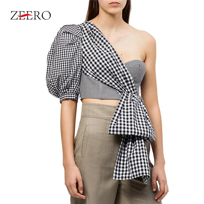 Ladies Retro Irregular Runway Shirts Femele Sexy Plaid One Shoulder Puff Sleeve Chiffon blouses Off Women Tops Blusas | Женская одежда