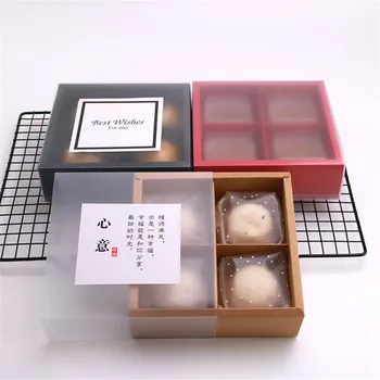 

BBJ WRAPS 4 Cavity Kraft Mooncake Paper Box With Translucent Lids and Inserts Cake Gift Packaging 10 Sets