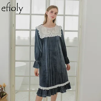 

EFIOLY SY19A0027 Luxury Sleepwear Women Elegant Nighdress Autumn HomeWear Vintage Nightgown Long Sleeve Lace Ruffle Sleep Shirt