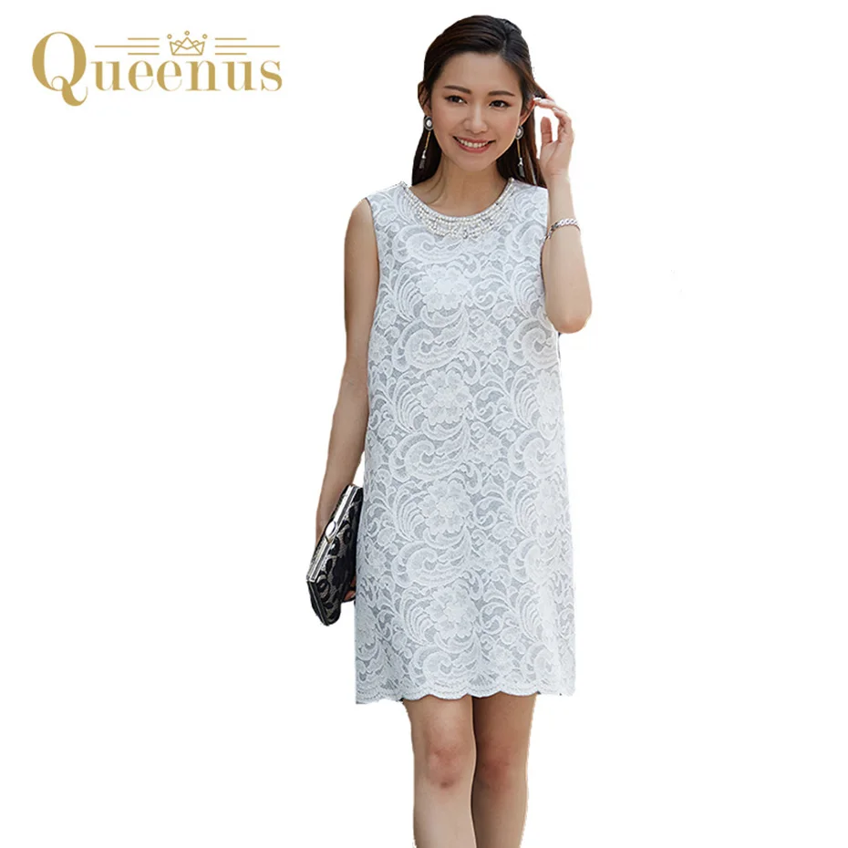 Queenus Women Lace Dress 2018 Elegant Sleeveless Party Dresses O-Neck Patchwork V Split Draped Above Knee A-Line | Женская одежда