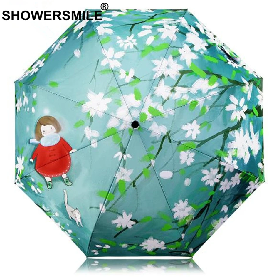

SHOWERSMILE Green Print Ladies Umbrella Female Patterned Umbrella Japanese Parasol Begonia Sun And Rain Women Flower Parapluie