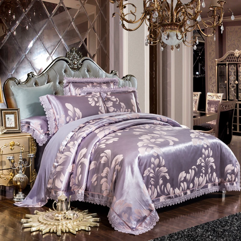 Waliicorners 4-Pcs gold silver lace Jacquard Bed Cover Queen King Size Luxury Bedding Set Silky Bedclothes Duvet Cover Bed Sheet set 23 2