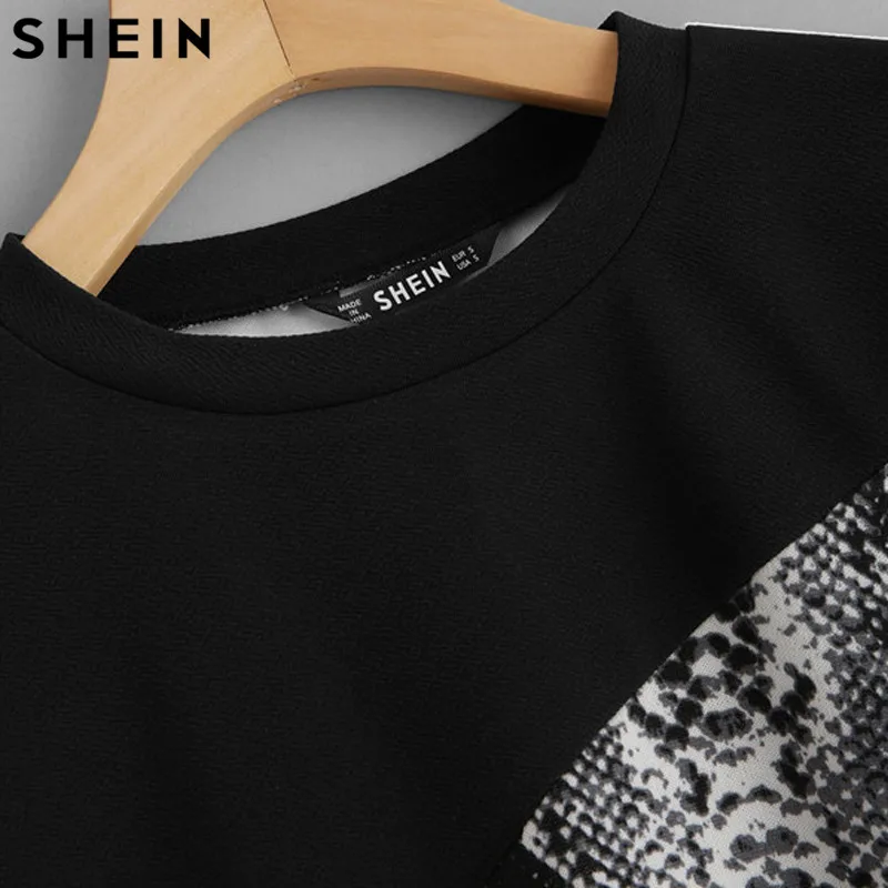  SHEIN Color Block Snake Skin Sweatshirt Preppy Round Neck Long Sleeve Pullovers Women Autumn Multic