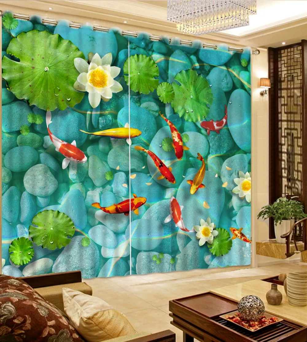 

Beautiful Pebbles lotus lotus leaf fish Print 3D Blackout Curtains For Living room Bedding room Drapes Cotinas para sala