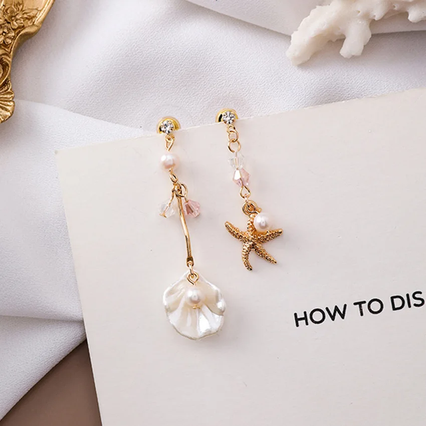 

2019 New Korea Style Silver Needle Earring Shell Starfish Asymmetry Cute Drop Earrings for Girl Women Accessories Trend Jewelry