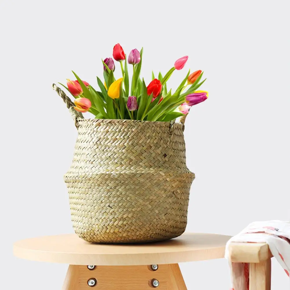 Straw Foldable Hanging Rattan Flower Basket Handmade Wicker Plant Pot Planter Modern Flowerpot Home Decorative